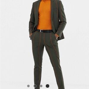 Eye catching ASOS Men’s Large Reg Skinny Suit In Olive & Burned Orange Stripes